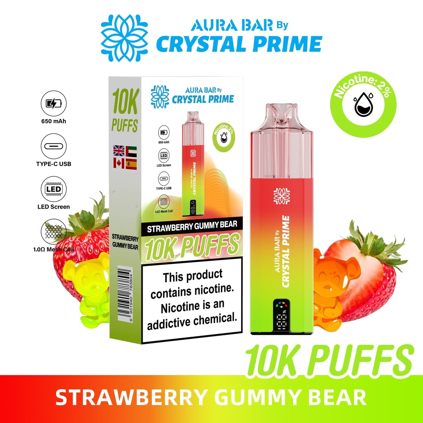 Aura Bar 10K Disposable Vape By Crystal Prime Pack of 5 - #Simbavapeswholesale#